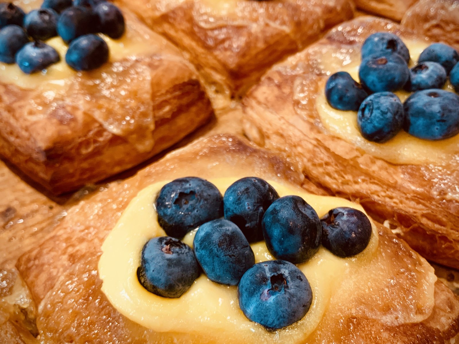 Danish pastries filled with custard and topped with blueberries